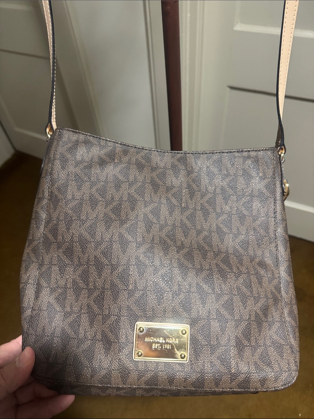 Michael Kors Brown Logo Crossbody with Gold Plaque